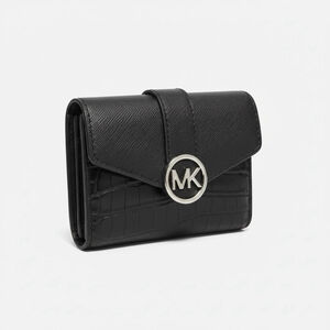 Michael Kors Carmen Crocodile Embossed Trifold Wallet Black Silver Hardware